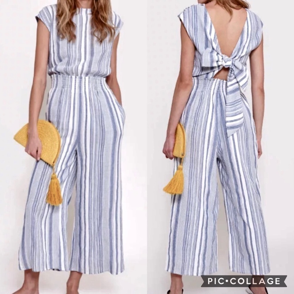 Roller Rabbit Emanelle Jumpsuit Blue White Picnic Stripe Crop Open Back Size XS